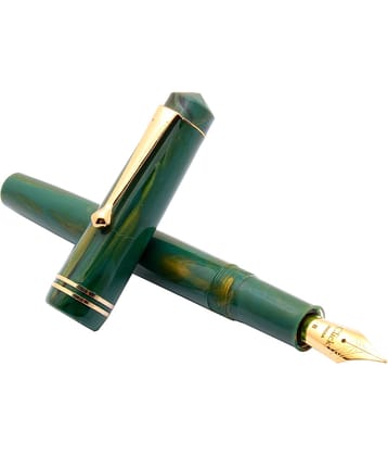 Srpc Click Aristocrat Green Marble Fountain Pen With 3in1 Ink Filling Mechanism, Golden Trims & Broad Nib