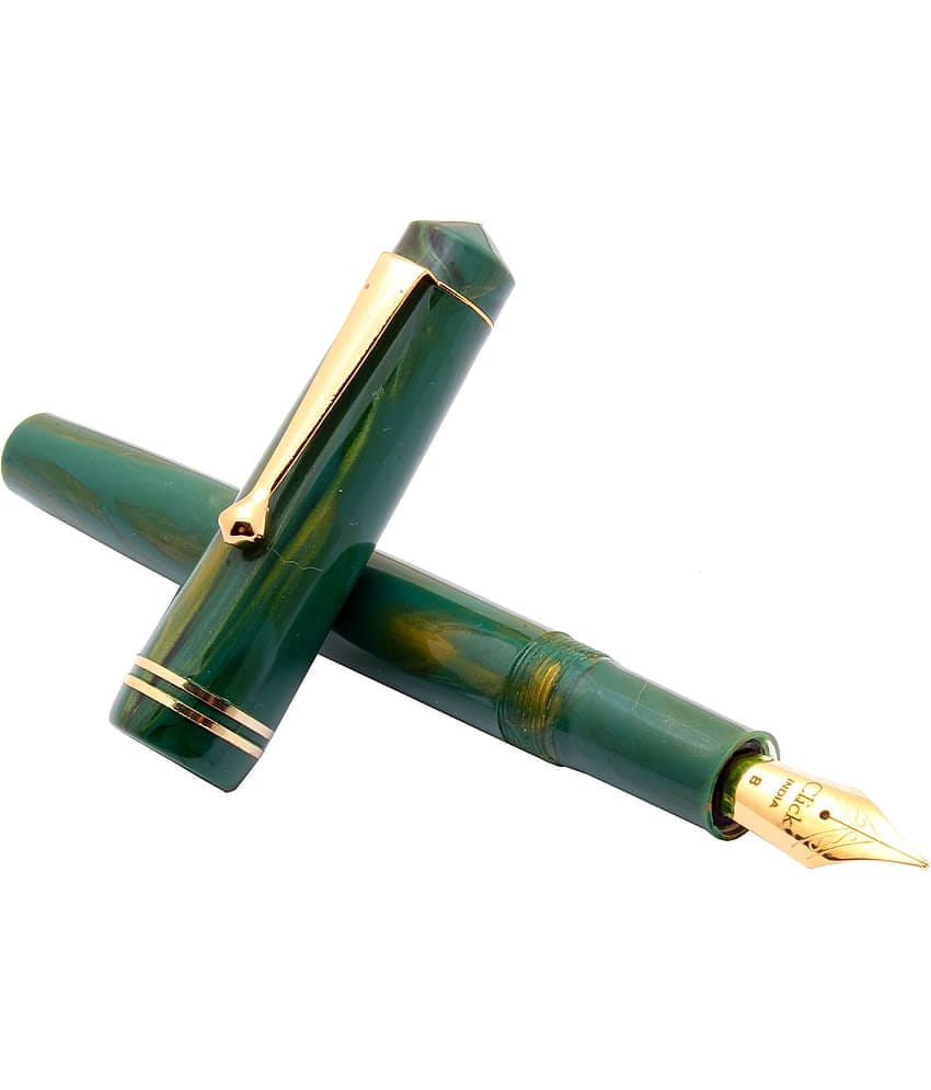 Srpc Click Aristocrat Green Marble Fountain Pen With 3in1 Ink Filling Mechanism, Golden Trims & Broad Nib