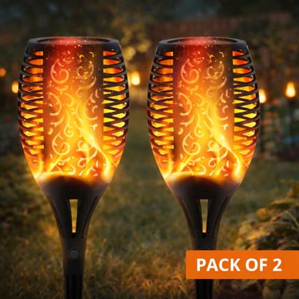 SPARKWORLD Solar Flame Torch Lights for Outdoor 96 LED Flickering Fire Effect Mashaal Lamps | Waterproof Landscape Lighting (Pack of 2) | Colour: Solar Mashal