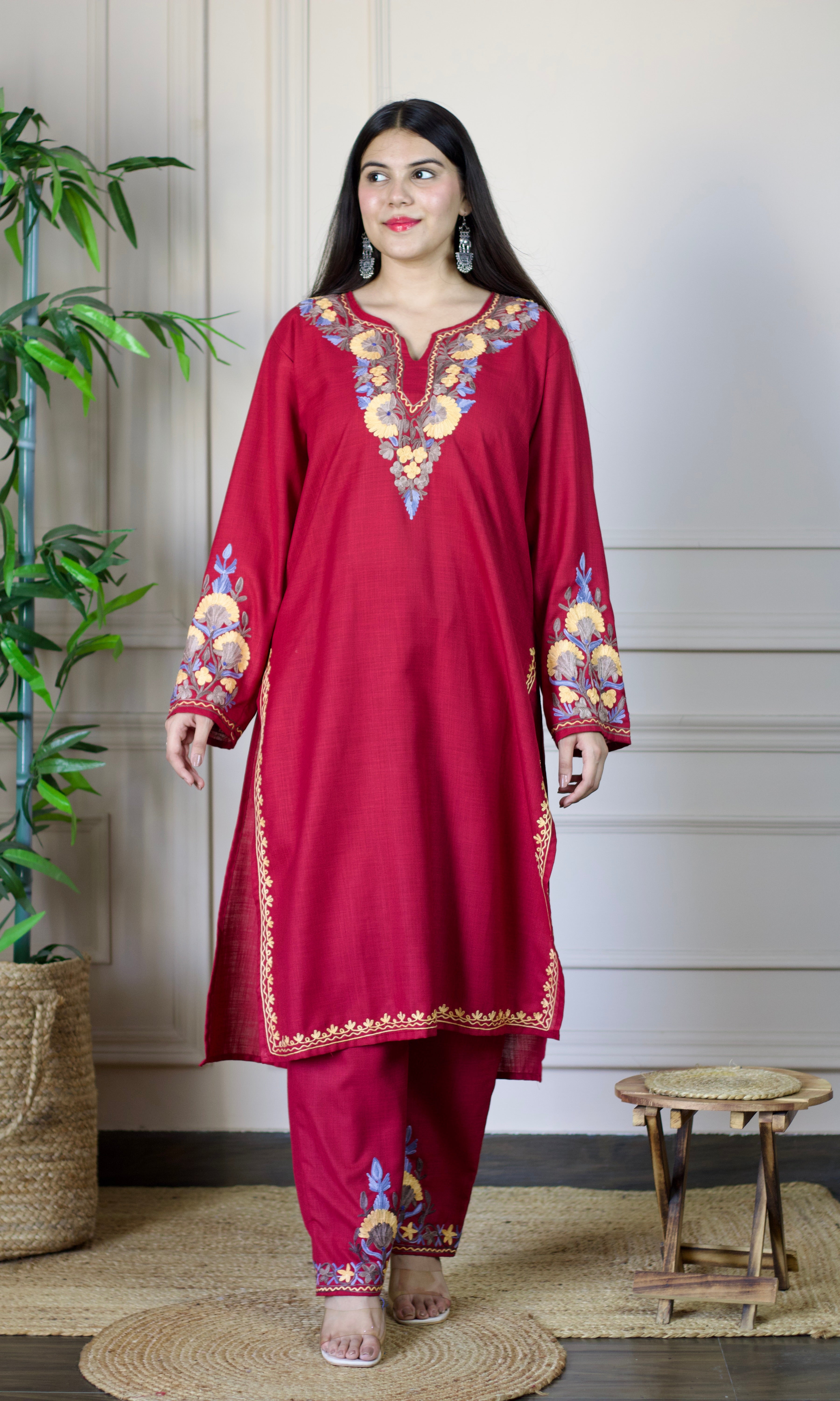 Maroon Aari Embroidered Cotton Co-ord Set-S
