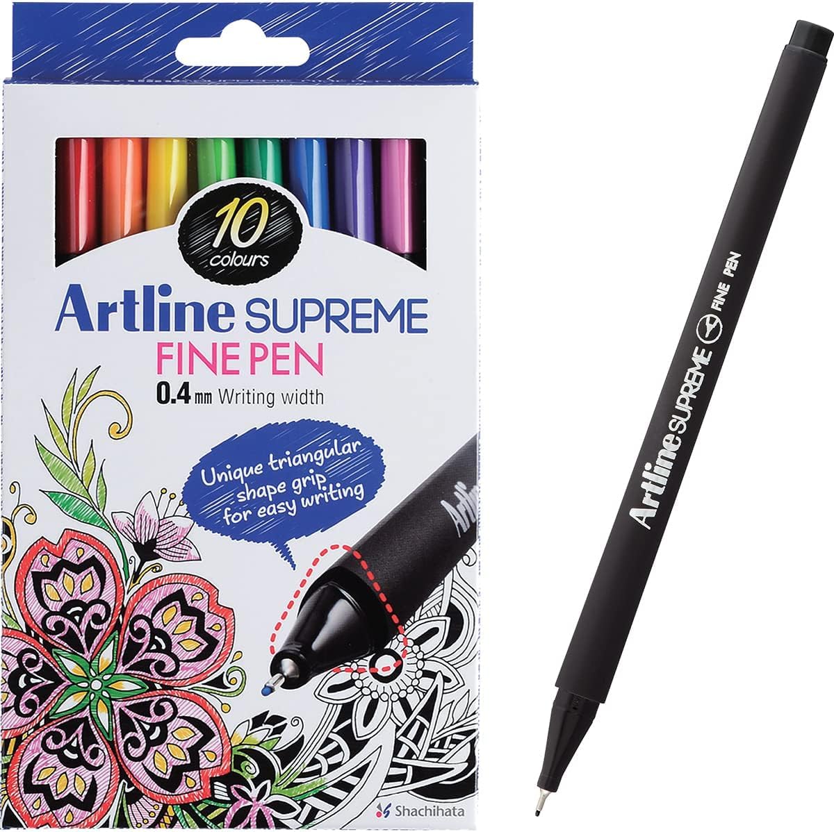 Artline Supreme Fine Pen Set of 10 | Unique Triangular Shape Grip Premium Range Fine Pen For Writing, Sketching, Hatching, Illustration On Paper, Card & Letters