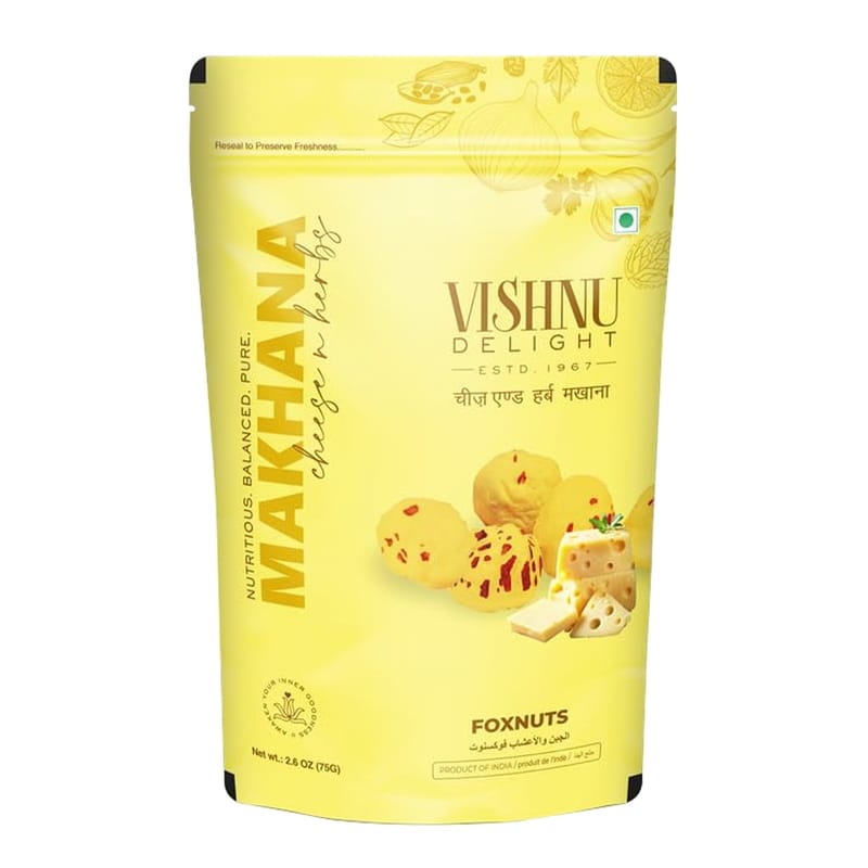 Vishnu Delight Flavoured Cheese & Herbs Organic Makhana, Pouch 60g - Nutritious, Tasty, and Sustainably Sourced Fox Nut Snack