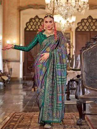Green Poly Viscose Silk Floral Pashmina Saree