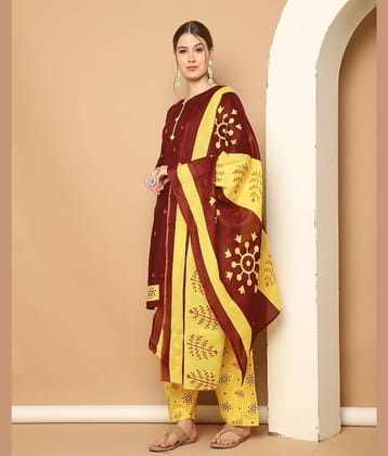Rajnandini Women Cotton Blend Printed Straight Kurti With Patiala Salwar ( Maroon )