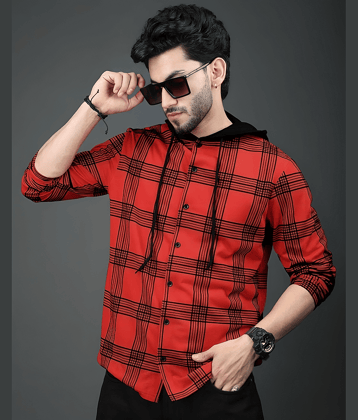 LAMATE Cotton Blend Regular Fit Checks Full Sleeves Men's Hooded T-Shirt - Red ( Pack of 1 )