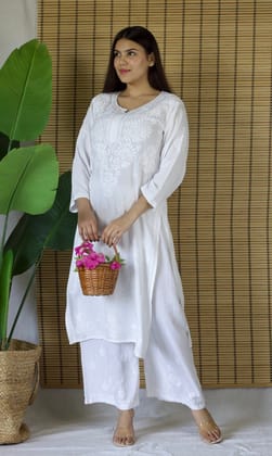 Rayon Chikankari Long Kurta – White-S