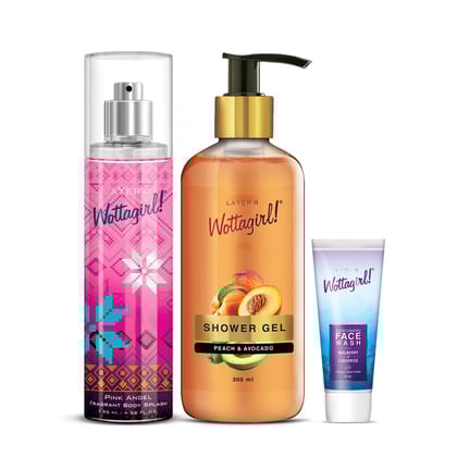 Layer'r Wottagirl Peach & Avocado Shower Gel + Pink Angel Body Splash 135 ml + Moisturizing Face Wash 25 ml (Pack of 3)