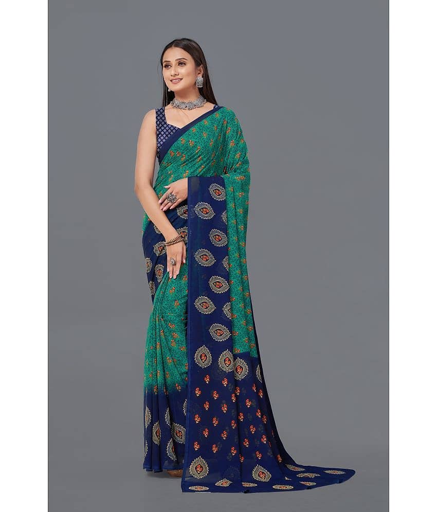 LEELAVATI Georgette Printed Saree With Unstitched Blouse Piece ( Navy Blue )