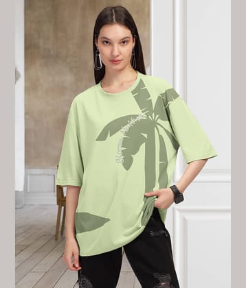 HELLCAT Women Cotton Blend Printed Oversized Fit Round Neck T-Shirt ( Green )