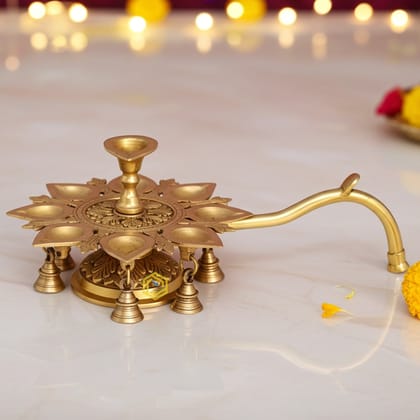 Brass Table Decor 9 Wicks Deepak, Oil Lamp  - Multiwick Brass Deepak for Aarti Use, Height : 6 Inch (BSMAS1503 I)