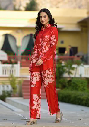 Red Brushstroke Muslin Co-Ord Set-XS