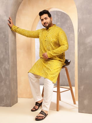 Men's Cotton Blend Sanganeri Printed Yellow Kurta With White Pyjama-46