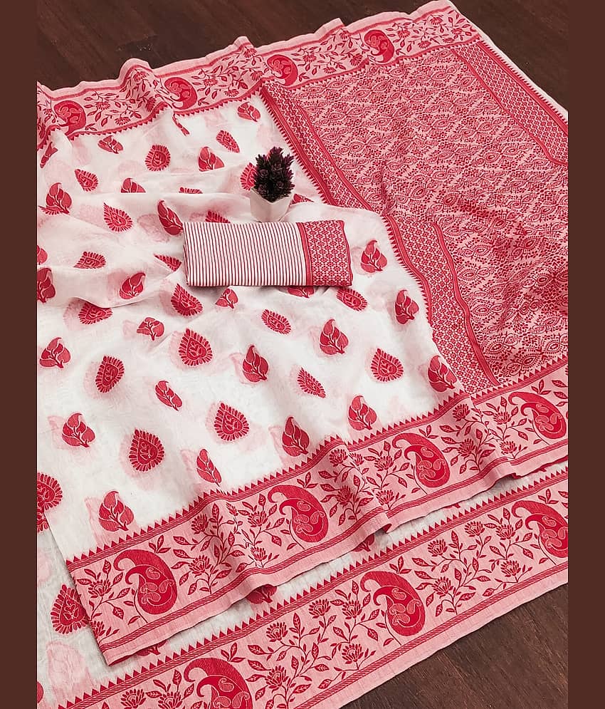 IndShopMart Cotton Blend Woven Banarasi saree With Unstitched Blouse Piece ( White,Red )