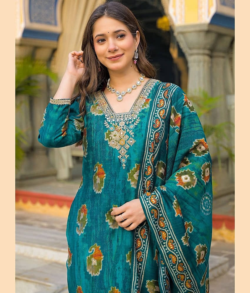 Vaamsi Women Viscose Self Design Straight Kurti With Pants ( Teal )