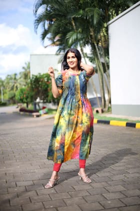 Bathik Cotton  A Line Kurta with Pintuck and Half Sleeves,  Multicolor, KP1090-S