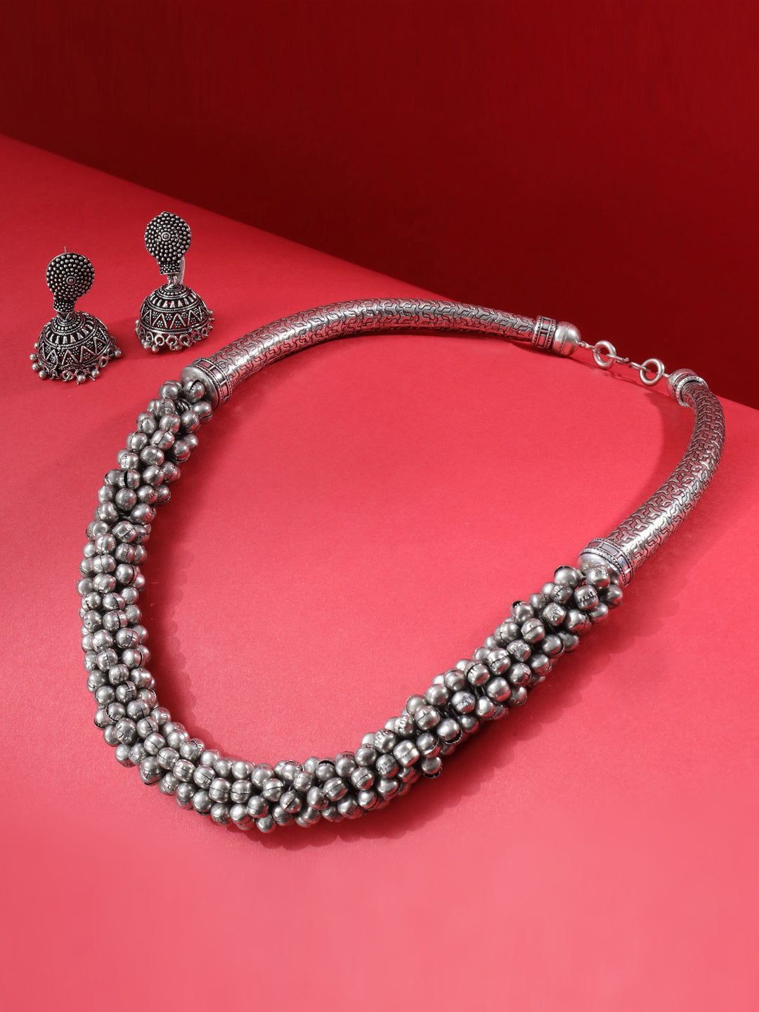 Silver Oxidised Handcrafted Ghugroo Beaded Tribal Hasli Jewellery Set