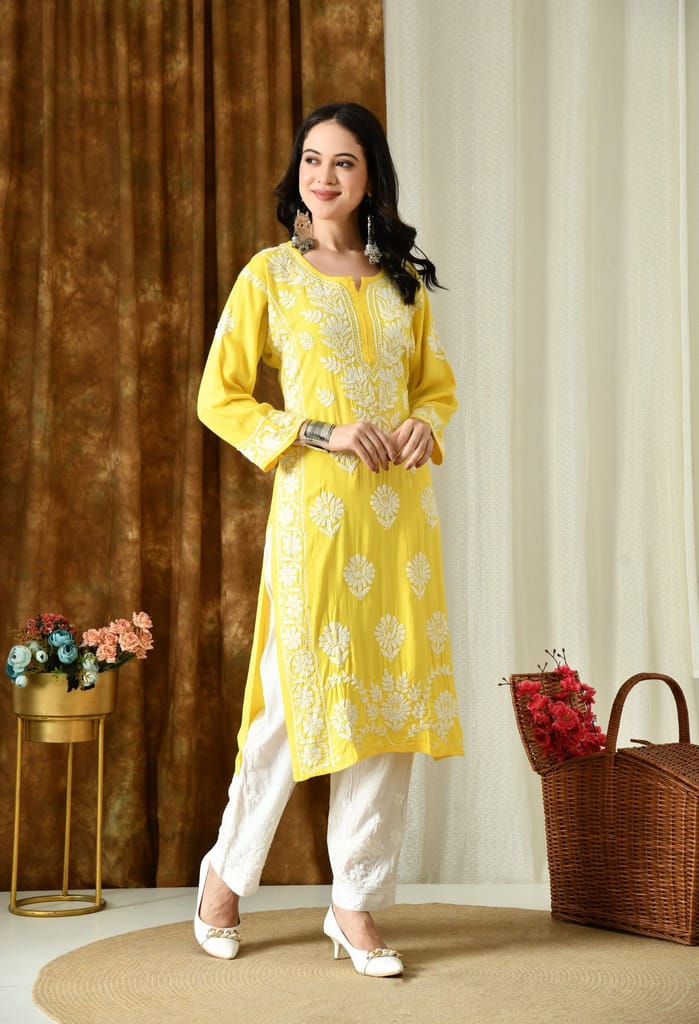 Sunshine Yellow Modal Hand-Embroidered Chikankari Kurta with Elegant White Floral Design