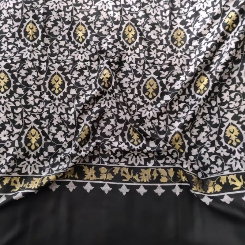 Black Pashmina Kani Shawl with Golden Zari – Handwoven Kashmiri Elegance for Weddings & Partywear | Heritage Design Inc