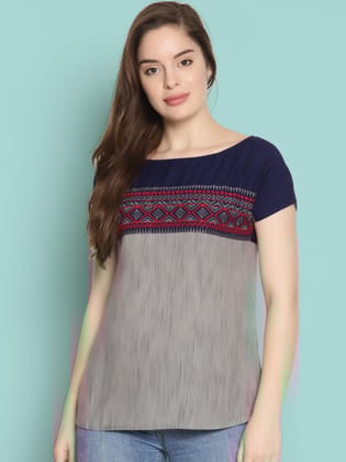 Grey and Blue Color Block Top-S