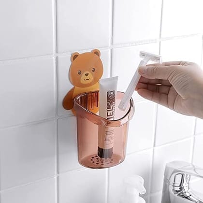 ROKTRY Teddy Bear Toothbrush Holder – Wall Mounted Kids Toothpaste and Brush Stand with Bathroom Cup Organizer