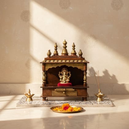 Wooden Beautifull Antique Copper Pooja Mandir Stand