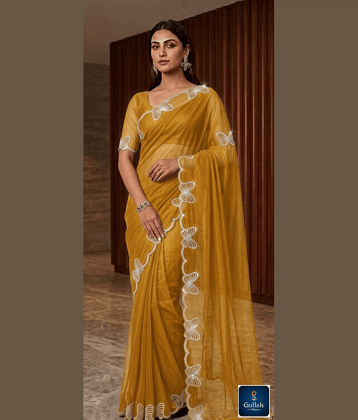 Gullak Net Embellished Regular Saree With Unstitched Blouse Piece ( Yellow )