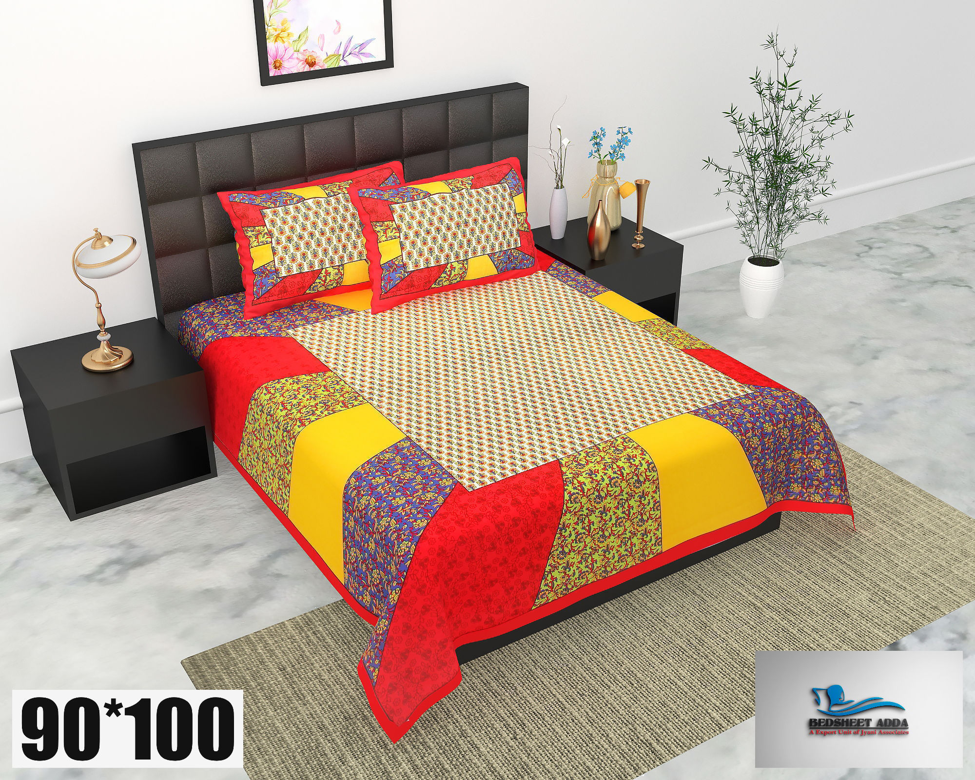 2001-Bedsheet Adda-Pure Cotton Jaipuri Printed Double Bedsheet With 2 Pillow Covers-CHOKRA RED