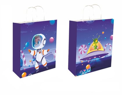 90 GSM Galaxy Theme Printed Paper Gift Bags, Ideal for Birthday Return Gifts, Kids Gifting, & Gifting on Special Occasions (Size: 11.4 x 9.4 x 4.7 inch) -  12