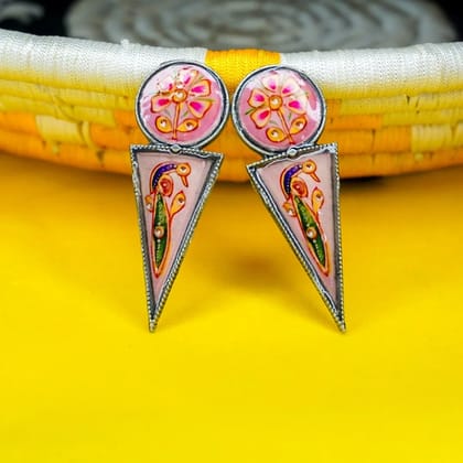 Oxidized Silver Triangle Enamel Earrings with Bird Painting Oxidized Silver Triangle Enamel Earrings with Bird Painting