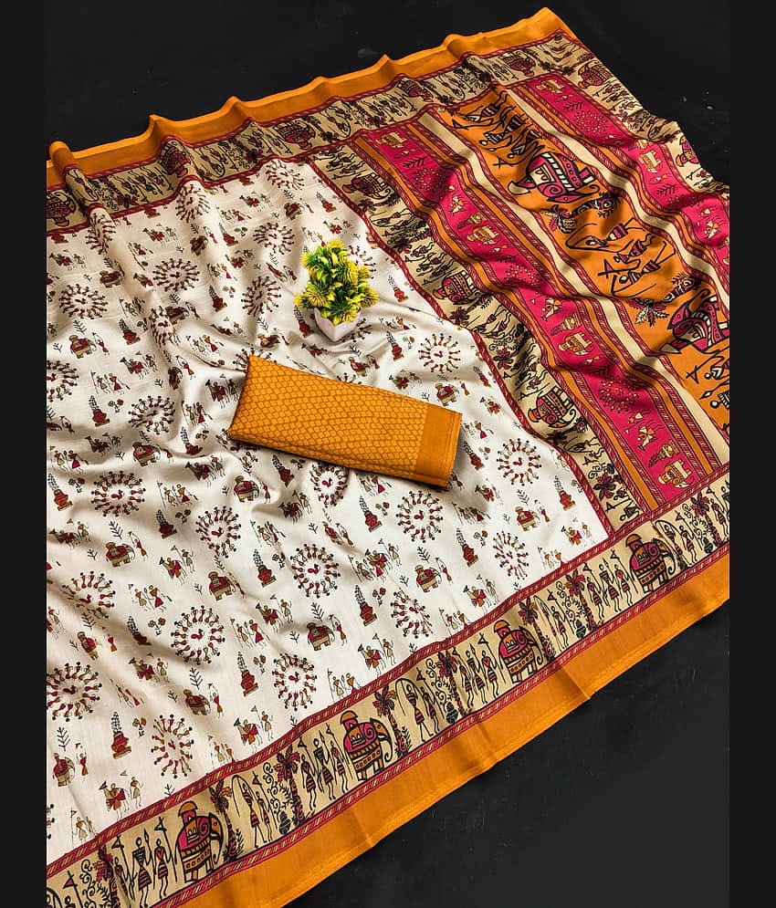 Kanooda Prints Art Silk Printed Mysore Silk Sarees With Unstitched Blouse Piece ( Black )