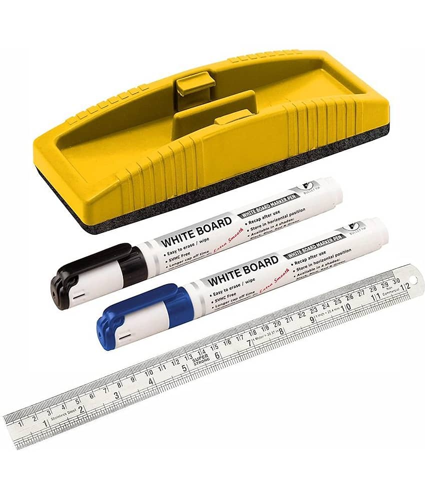 Non Magnetic White Board Duster Combo Pack Of 4 Items - (1 Duster,2 Markers And 1 Steel Scale)