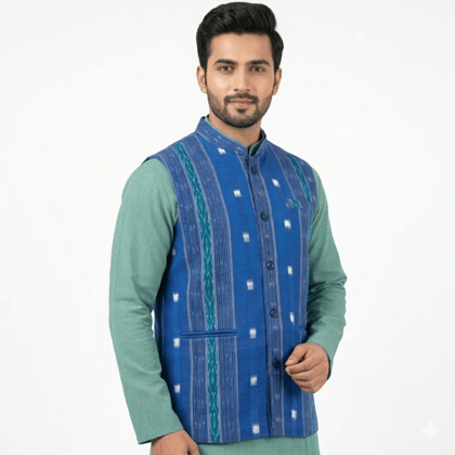 Bivabari Sambalpuri Handloom Nehru Jacket | Blue | S | Ikat Pattern, Cotton Silk | Ethnic Wear