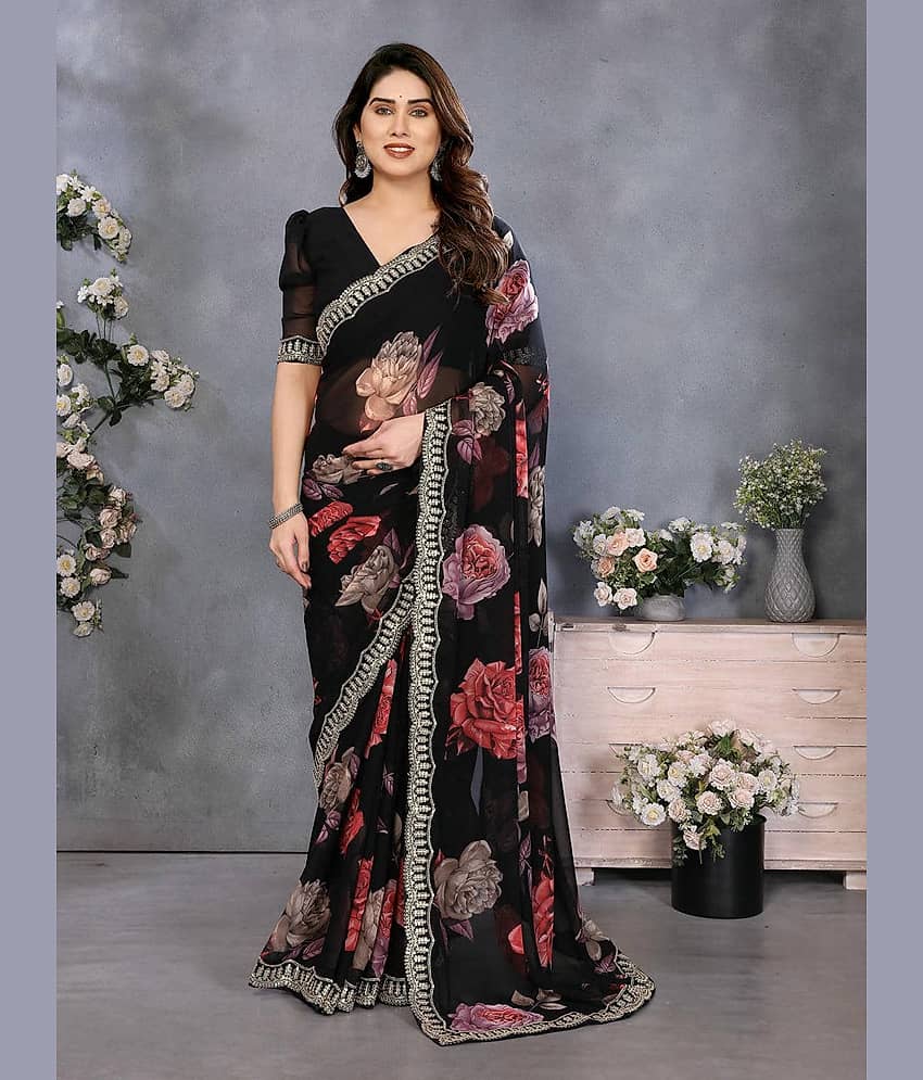 TTH Georgette Printed Regular Saree With Unstitched Blouse Piece ( Blue )