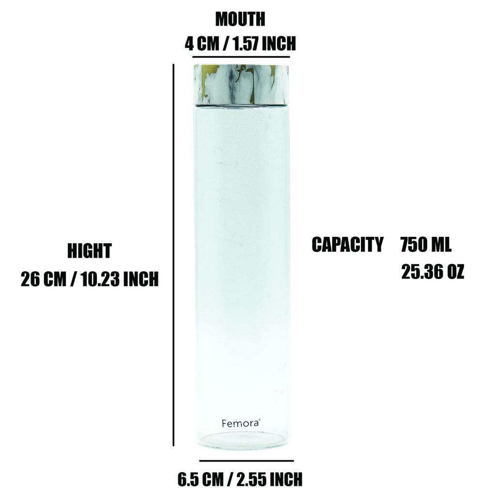 Femora Borosilicate Glass Water Bottle Durability and Elegance Combined, 1000ML(2 Pc Set) (Marble Lid)