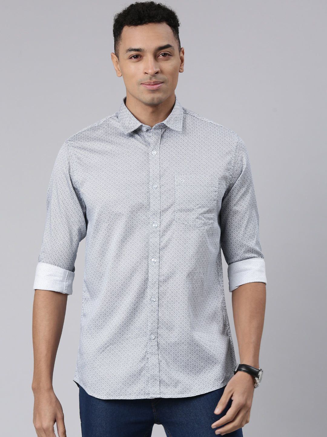 Classic Polo Men's Full Sleeve Grey Polo Neck Cotton Slim Fit Casual Shirt | SP2-144-PRT-SF FS