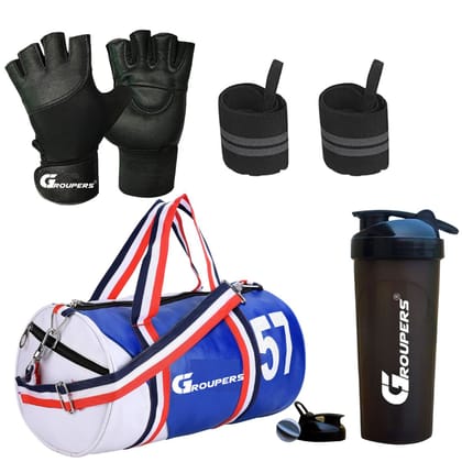 GROUPERS Duffle PU Leather Bag with Shaker Bottle-700ml, Gloves & Wrist Band (Blue White)