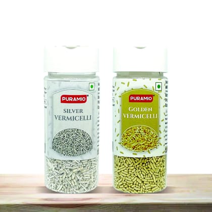 Puramio Combo Pack (Golden & Silver Vermicelli) With Real Silver Vark For Cake Decoration, 100 gm Each - Pack of 2 Puramio Combo Pack (Golden & Silver Vermicelli) With Real Silver Vark For Cake Decoration, 100 gm Each - Pack of 2