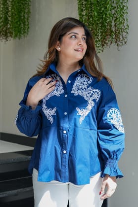 Jenn Blue Floral Embroidered Shirt-Free Size till XL