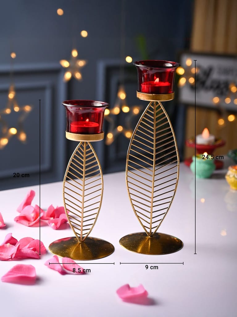 VON CASA Red Leaf Shape T-Light Holder - Set Of 2
