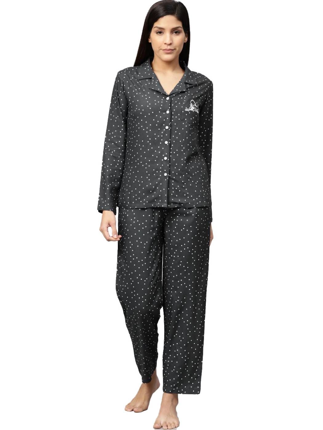Women's Casual Full Sleeves Polka Dot Printed Rayon Shirt with Pyjama Pant Night Suit Set Size L (Grey)