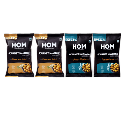 Gourmet Makhana (Pack of 4) with Flavours of 2 Pudina Masala and 2 Cream & Onion. - 56 gm