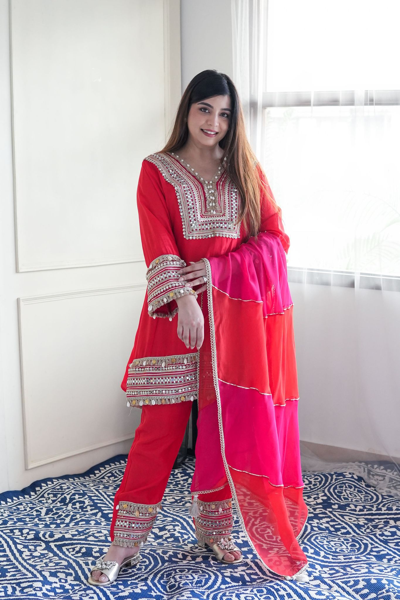 Aina Red Lace Detailing Suit Set-XL