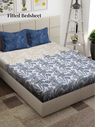 White & Blue Floral 300 TC King Bedsheet with 2 Pillow Covers