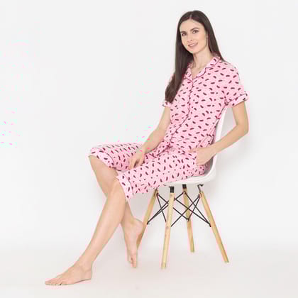 Women's Printed Night Suit Set of Shirt & Capri - Pink Pink L