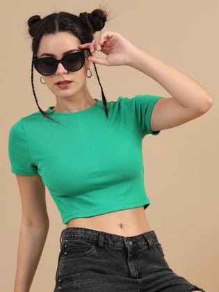 Women Ribbed Fitted Crop Top, Short Sleeve, Cotton Lycra, Green-XS / Green