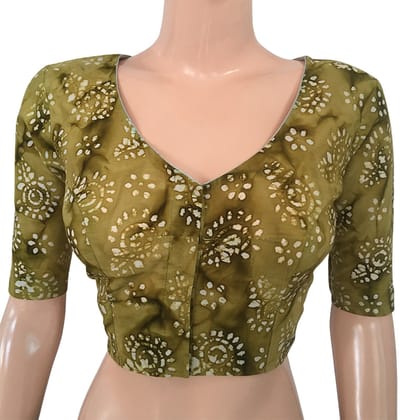 Bathik Cotton V neck Blouse, Olive Green, BP1094-XL