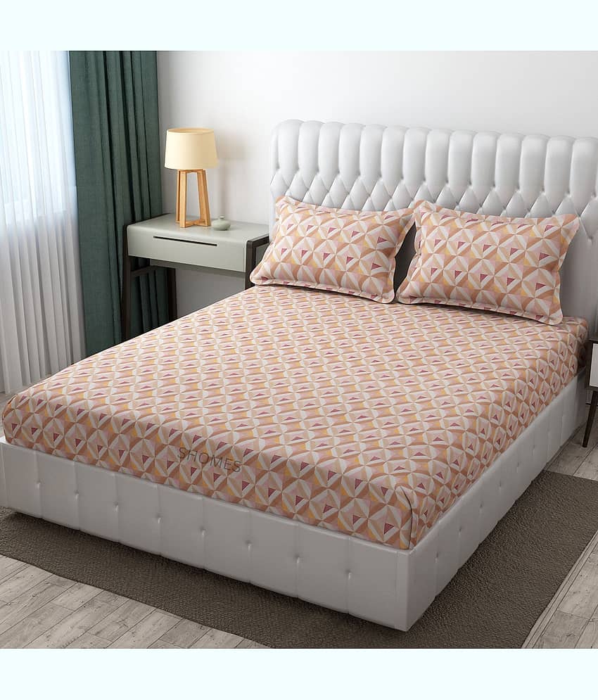 SHOMES Cotton Geometric Fitted 1 Bedsheet with 2 Pillow Covers ( Double Bed ) - Orange