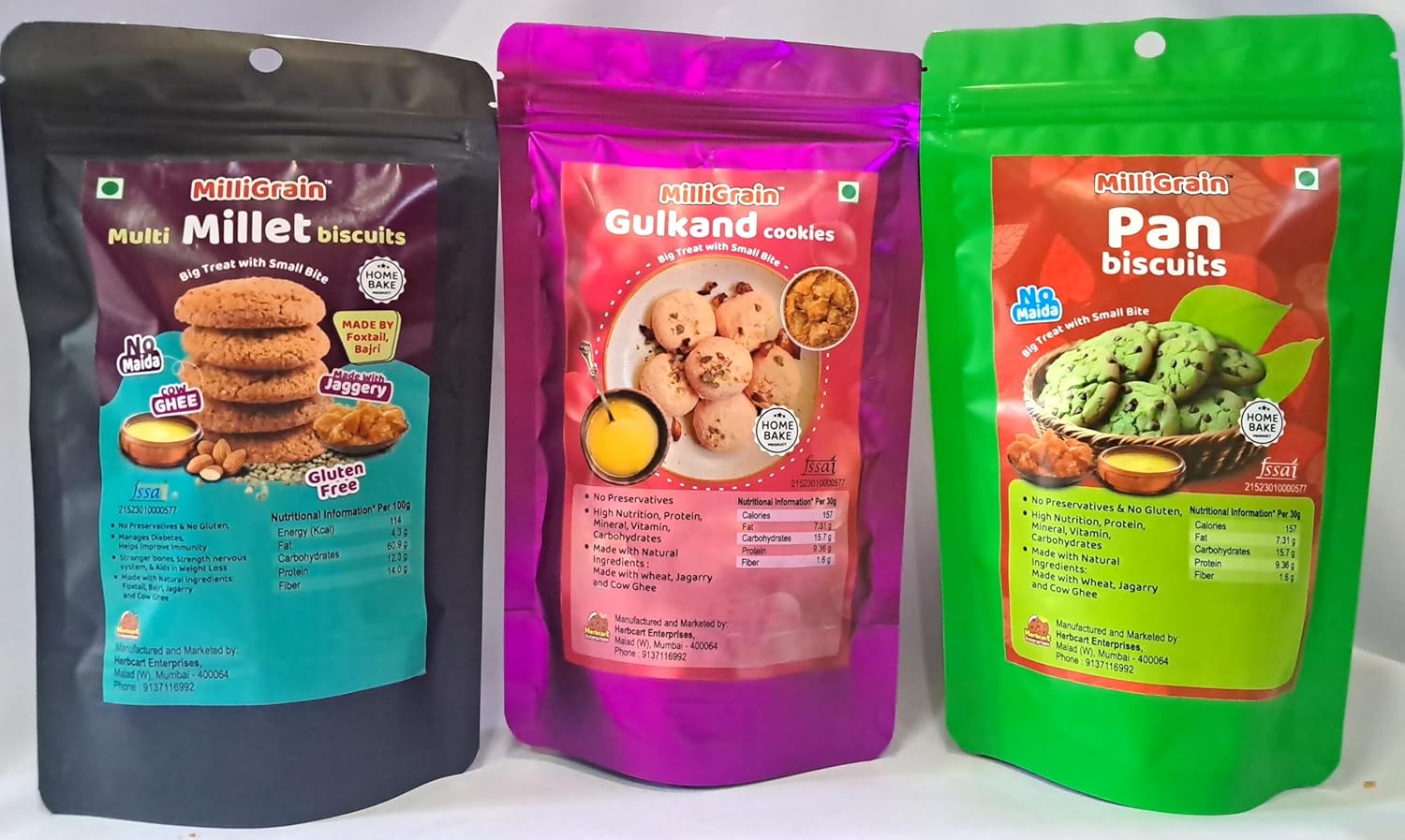 MilliGrain Multi Millet Gulkand and Pan Cookies Combo Pack of 3 100g Each