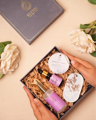 Elynn Apothecary Calm & Cozy Gift Box (Linen Mist 50ml, Diffuser Oil, Wardrobe Fragrance) | Cotton Flower Scented Home Fragrance Set