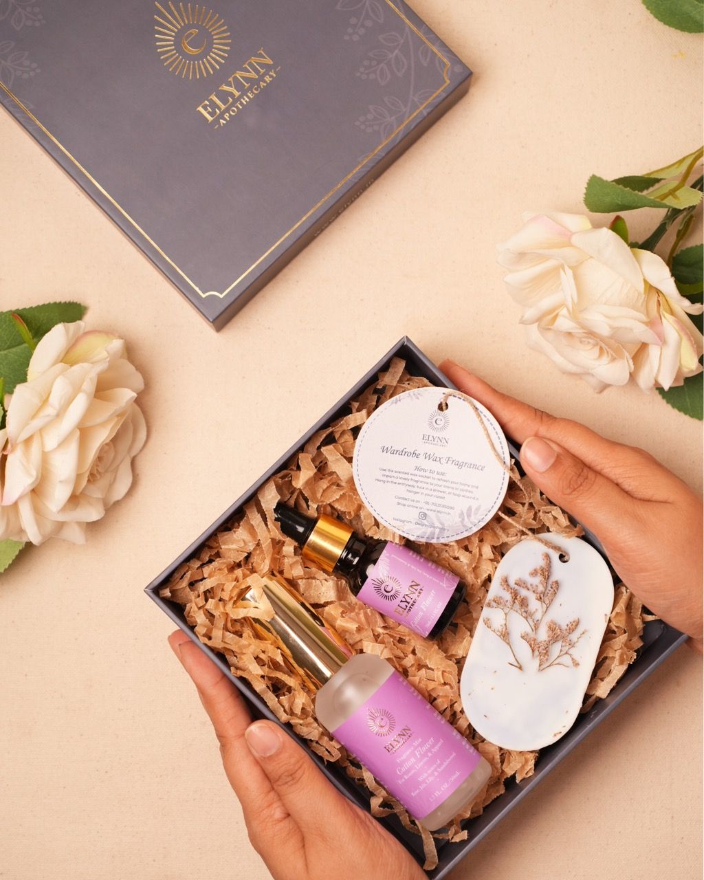 Elynn Apothecary Calm & Cozy Gift Box (Linen Mist 50ml, Diffuser Oil, Wardrobe Fragrance) | Cotton Flower Scented Home Fragrance Set
